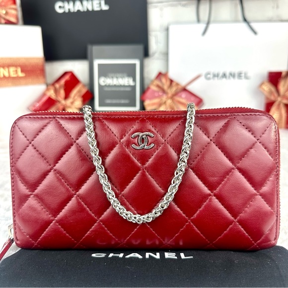 CHANEL Red Leather Zip Around Wallet Zippy wallet with chain - Picture 2 of 16
